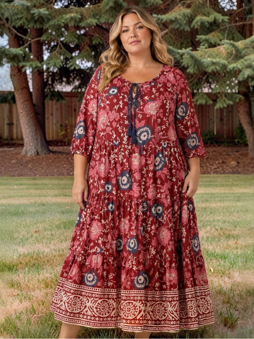NATURAL LIFE Burgundy Floral Tie-Front Tiered Maxi Dress